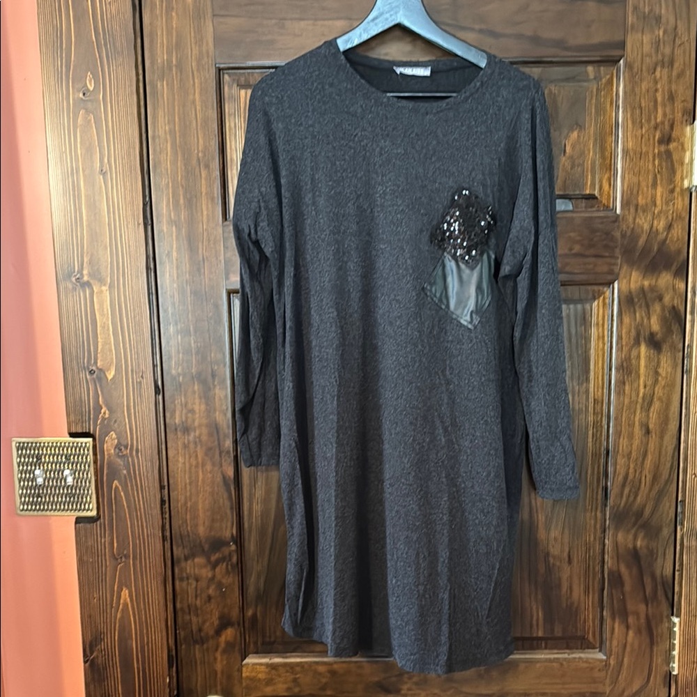 Gray Long Sleeve Dress with Sequin Pocket